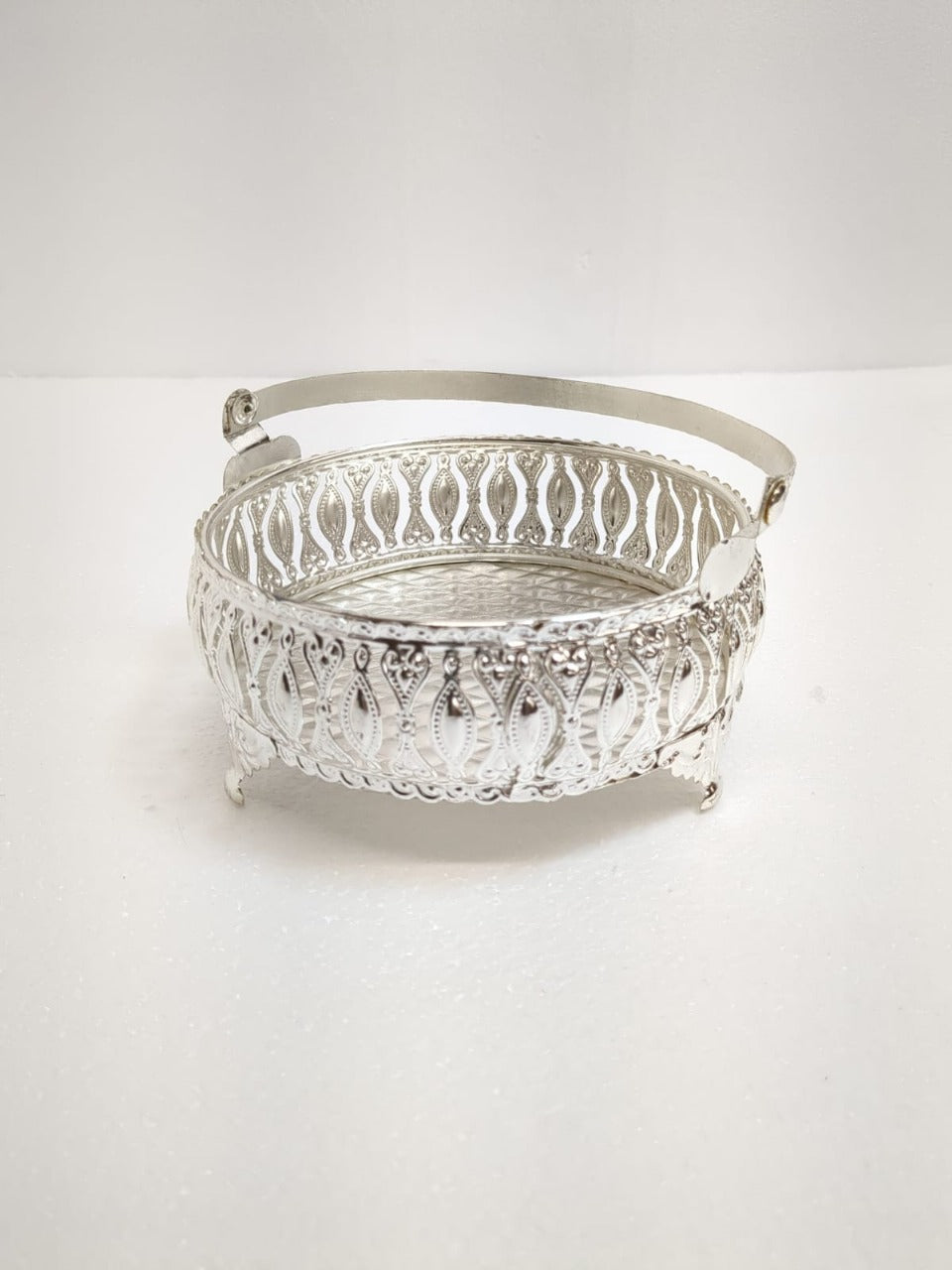 Ornate Silver-Plated Decorative Basket with Handle