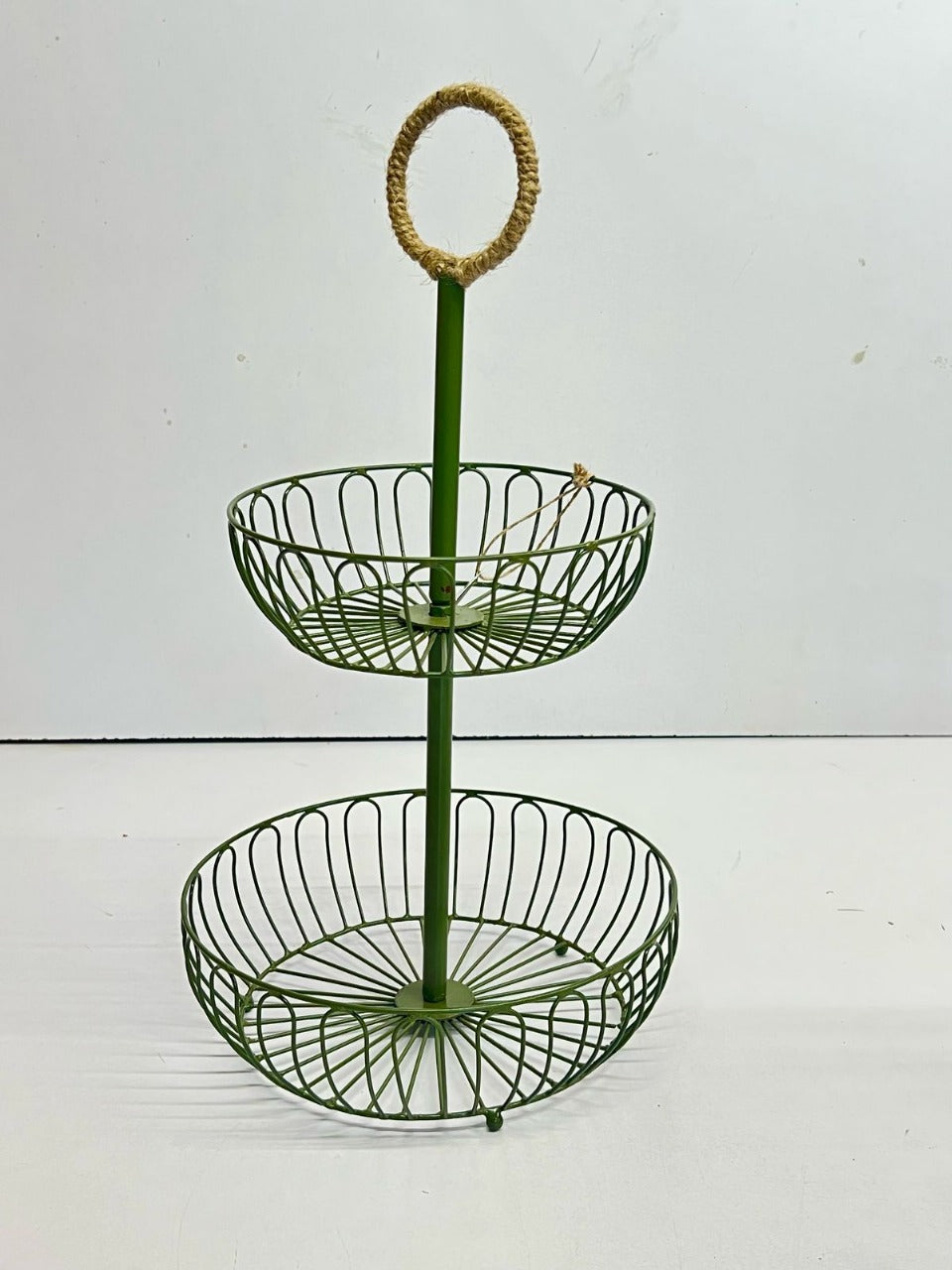 Green Two-Tier Wire Basket Stand with Jute Handle"