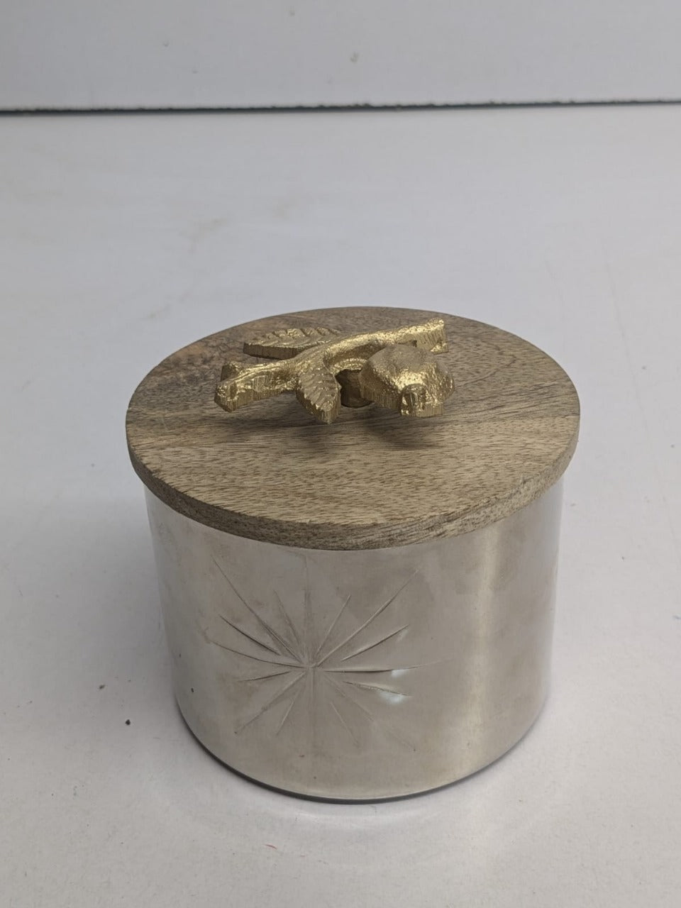 Silver Jar With Lid Wooden Lid & Gold Twig Handle