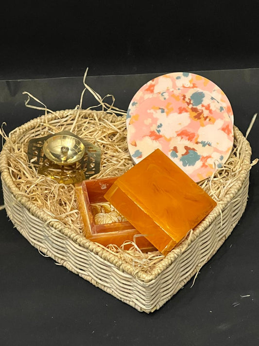 Rattan cane heart shape diya hamper
