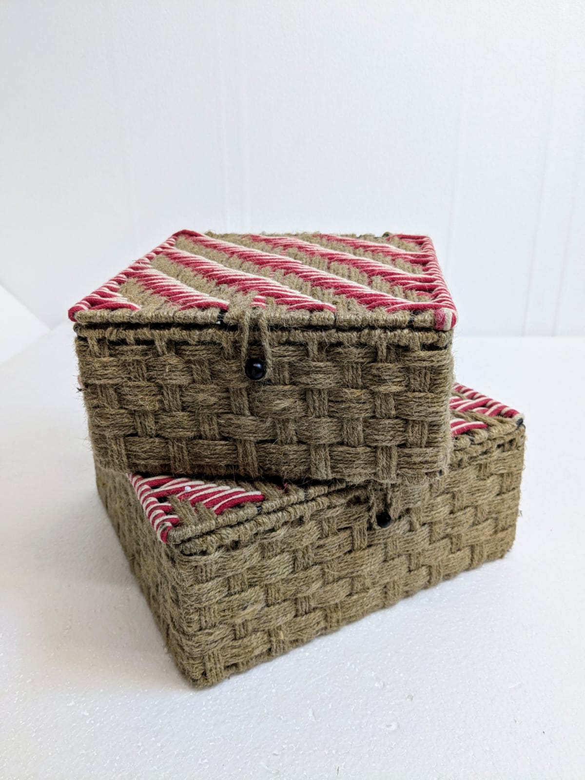 Handwoven Jute Storage Box Set with Red & White Patterned Lids