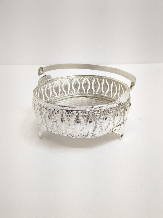 Ornate Silver-Plated Decorative Basket with Handle