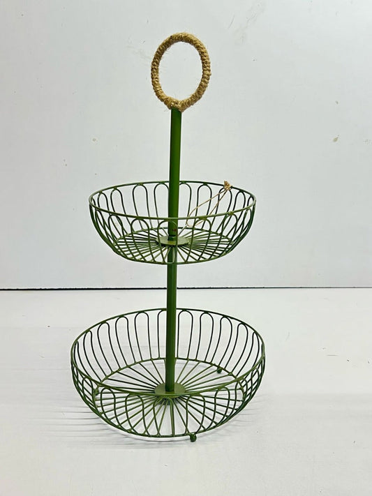 Green Two-Tier Wire Basket Stand with Jute Handle"