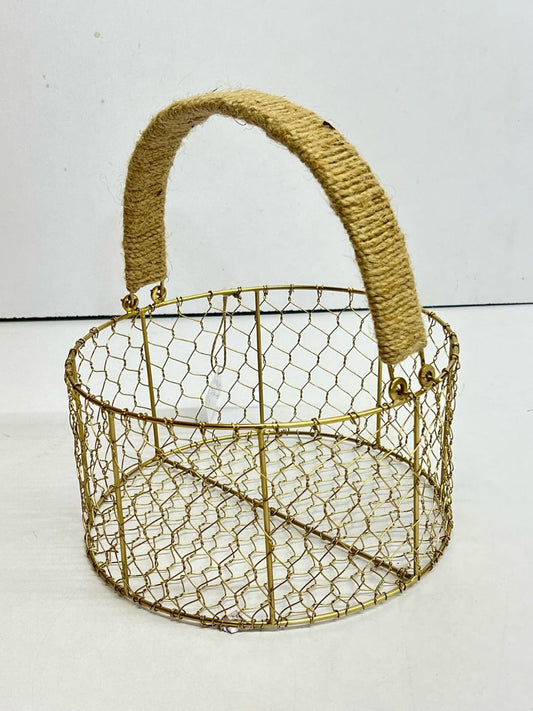 Golden Round Wire Basket with Jute Handle