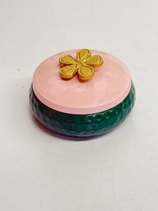 Decorative Trinket Jar with Pink Lid and Golden Flower Knob