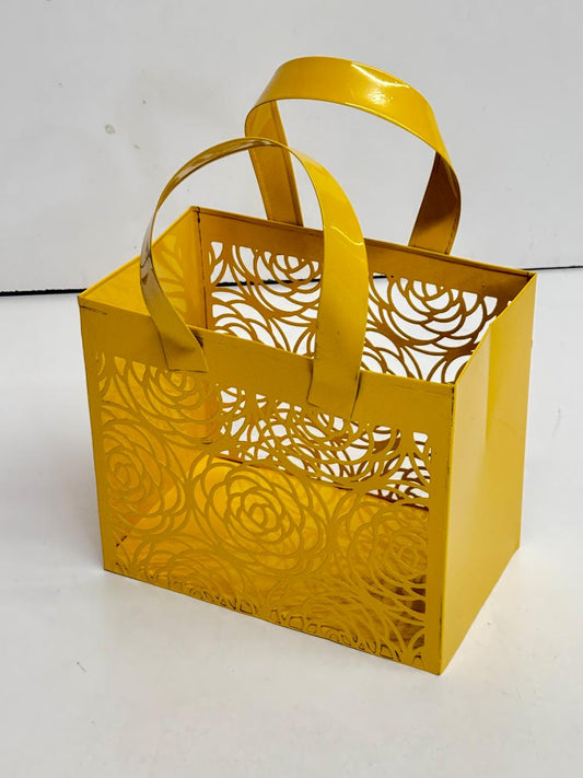 Yellow Metal Tote Basket with Rose Cutwork bag