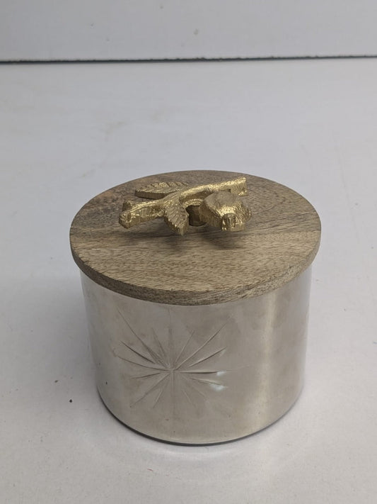 Silver Jar With Lid Wooden Lid & Gold Twig Handle