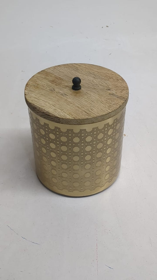 Gold Metal Jar With Wooden Lid